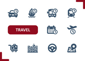 Travel Icons. Transportation, Tourism, Public Transport, Schedule, Car, Ship, Bus, Train, Plane, Map, City Icon