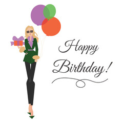 Birthday Card with Girl, Present and Balloons. Birthday party, celebration, holiday, event, festive, congratulations concept. Vector illustration.