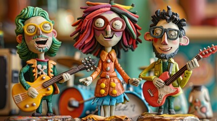 A claymation band consisting of a drummer, a bass player, and a guitarist - obrazy, fototapety, plakaty