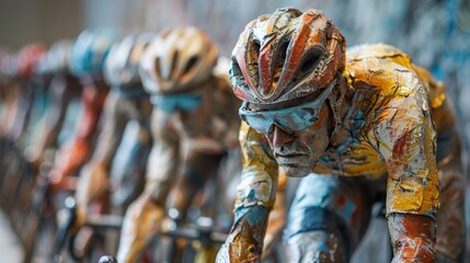 A close up of a cyclist statue with a yellow jersey