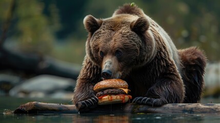 Poster of a bear eating a hamburger
