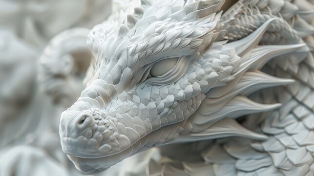 A close up of a white dragon's face made of stone.