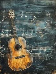 Vintage Classroom HandIllustrated Guitar and Lyrical Music Notes on a Faded Chalkboard Wall