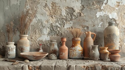 A collection of old pottery on a stone surface with a textured background.