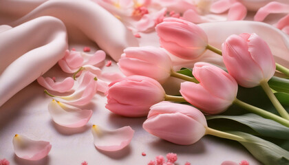 Close-up of pink tulips with soft petals scattered on a gentle, smooth pastel fabric background.