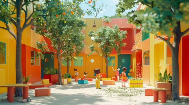 A colorful 3D rendering of a playground with children playing