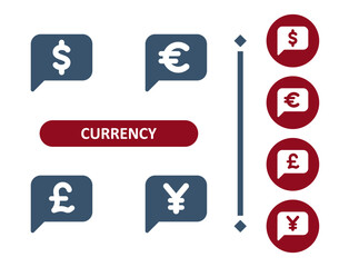 Currency icons. Dollar, euro, pound, pound sterling, yen, yuan, chat bubble, speech bubbles, comment icon