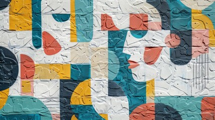 A colorful geometric mural of interlocking shapes painted on a concrete wall.