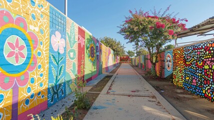 Fototapeta premium A colorful mural of flowers and geometric shapes adorns a long concrete wall, with a pink flowering tree and blue sky in the background.