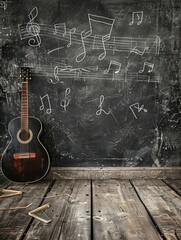 Fototapeta premium Musical A Guitar and Lyrical Notes Adorn a Vintage Chalkboard Wall in a Cozy Classroom