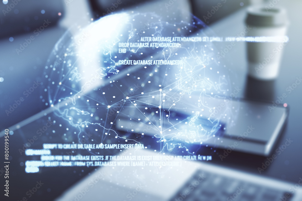 Aufkleber double exposure of abstract creative programming illustration with world map on computer background,