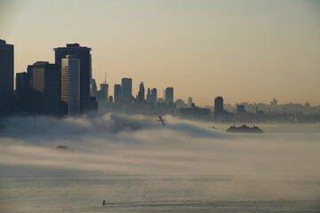 New York Harbor in the morning fog.