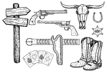 Wild West and Texas vintage icons set. Vector hand drawn sketch illustration. Sheriff star, cowboy hat, gun, playing cards - obrazy, fototapety, plakaty