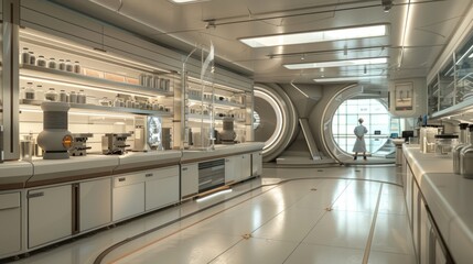Obraz premium A futuristic laboratory with a large window looking out into space.