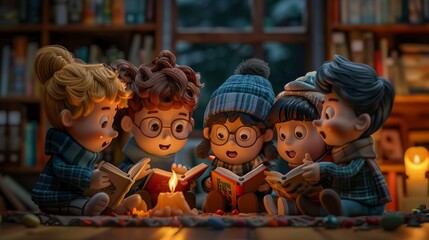 Fototapeta premium A group of children are sitting in a library, reading books. They are all wearing warm clothes, and there is a lit candle on the floor in front of them.