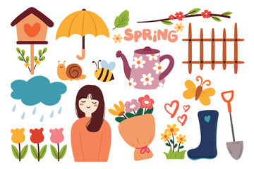 set cartoon of spring sticker set. cute sticker