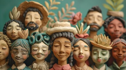 A group of clay figures with their eyes closed.