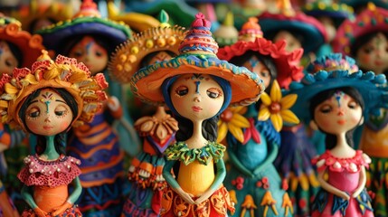 Fototapeta na wymiar A group of colorful clay dolls with elaborate headdresses