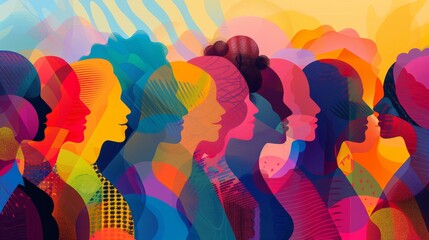A group of diverse women in colorful silhouettes, facing left.