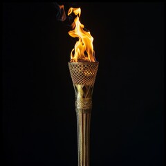 Olympic games flame. Burning torch on black background.  - obrazy, fototapety, plakaty