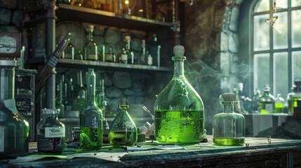 potion bottle laboratory room 3d rendering - obrazy, fototapety, plakaty