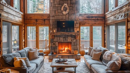 A cozy cabin retreat with a stone fireplace, knotty pine walls, and oversized windows