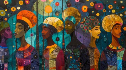 A group of six black women with colorful headwraps are standing in a forest. The background is dark blue and there are colorful flowers and leaves in the foreground. - obrazy, fototapety, plakaty
