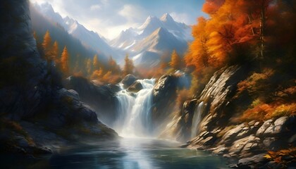 Landschaft Herbst Berg Wasserfall. Wallpaper für den Computer.