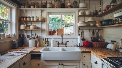 A cozy cottage kitchen with open shelving, a farmhouse sink, and vintage accents