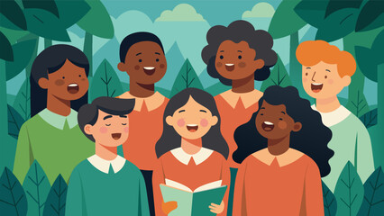 Against a backdrop of a lush green forest a multiracial choir stands tall their eyes closed as they pour their hearts into a soulstirring rendition of. Vector illustration - obrazy, fototapety, plakaty