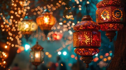 A lantern glowing in the dark with a bokeh background