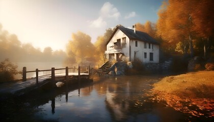  Landschaft mit Fluss und Haus. Wallpaper für den Computer.