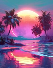 Vaporwave sunset with palm trees and sun in the background.