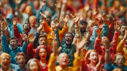 Fototapeta premium A large crowd of people, all with their hands raised in the air, cheering.