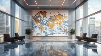 A large modern office space with a world map mural on the wall