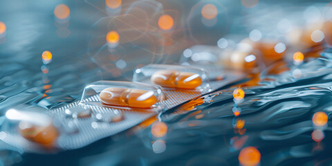 Orange bubbles forming as pills dissolve in water, symbolizing medication being prepared.