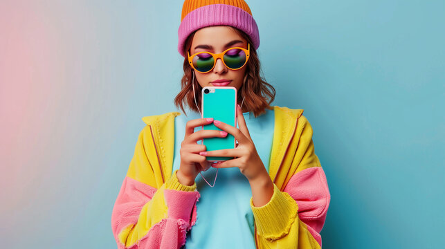 A young woman using her smartphone against a pastel background.