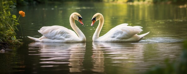 two swans on the lake in summer