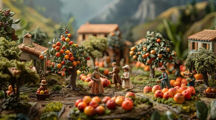 A miniature model of a rural village with people harvesting fruit from trees.
