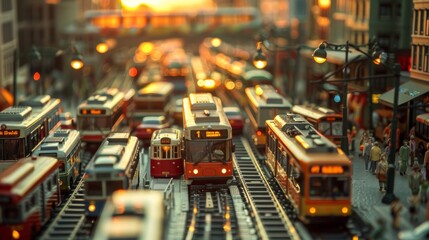 Obraz premium A model train set with trams and people in a diorama with a sunset