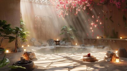 A photo of a beautiful and serene onsen with cherry blossoms.