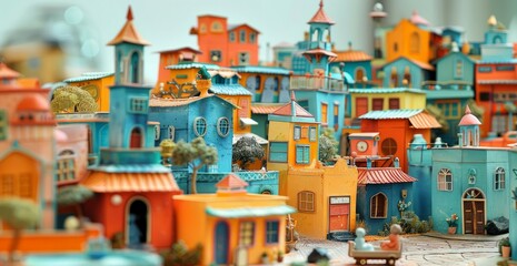 A photo of a colorful miniature city made of paper