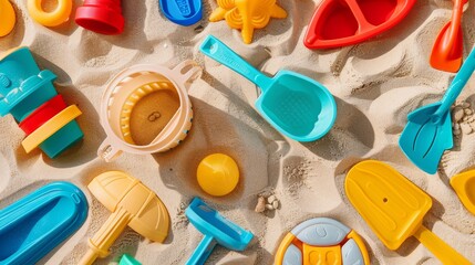 Vibrant Beach Play Set with Colorful Toy Boat and Tools, Top View Sand Fun for Kids