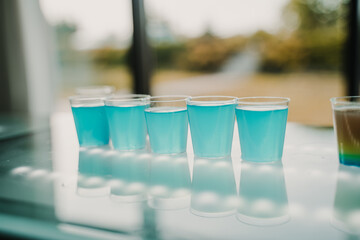 colorful drinks, small drink, shot drink in a glass, shot drink blue