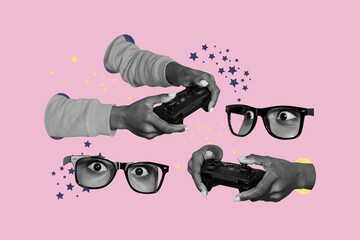 Creative image picture human hands holding joystick game addiction player crazy staring eyes glasses drawing background