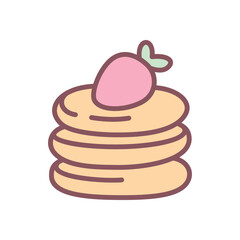 Cute pancakes icon. Hand drawn illustration of a stack of pancakes with strawberry isolated on a white background. Kawaii sticker. Vector 10 EPS.