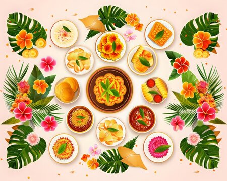 Assorted indian food on white background. Bowls with different dishes of indian cuisine.  Pilaf, butter chicken curry, rice, palak paneer. Cartoon illustration.