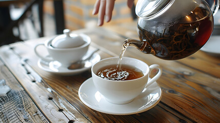 Shot of person pouring tea from teapot into a white cup on a wooden table