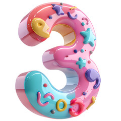 A 3D pink number with stars and letters. It's a fun and playful design. The number 3 is surrounded by a colorful and whimsical pattern of stars and letters. Generative AI