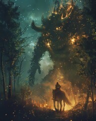 Fantasy art concept knight on horse facing a giant stone monster game cover